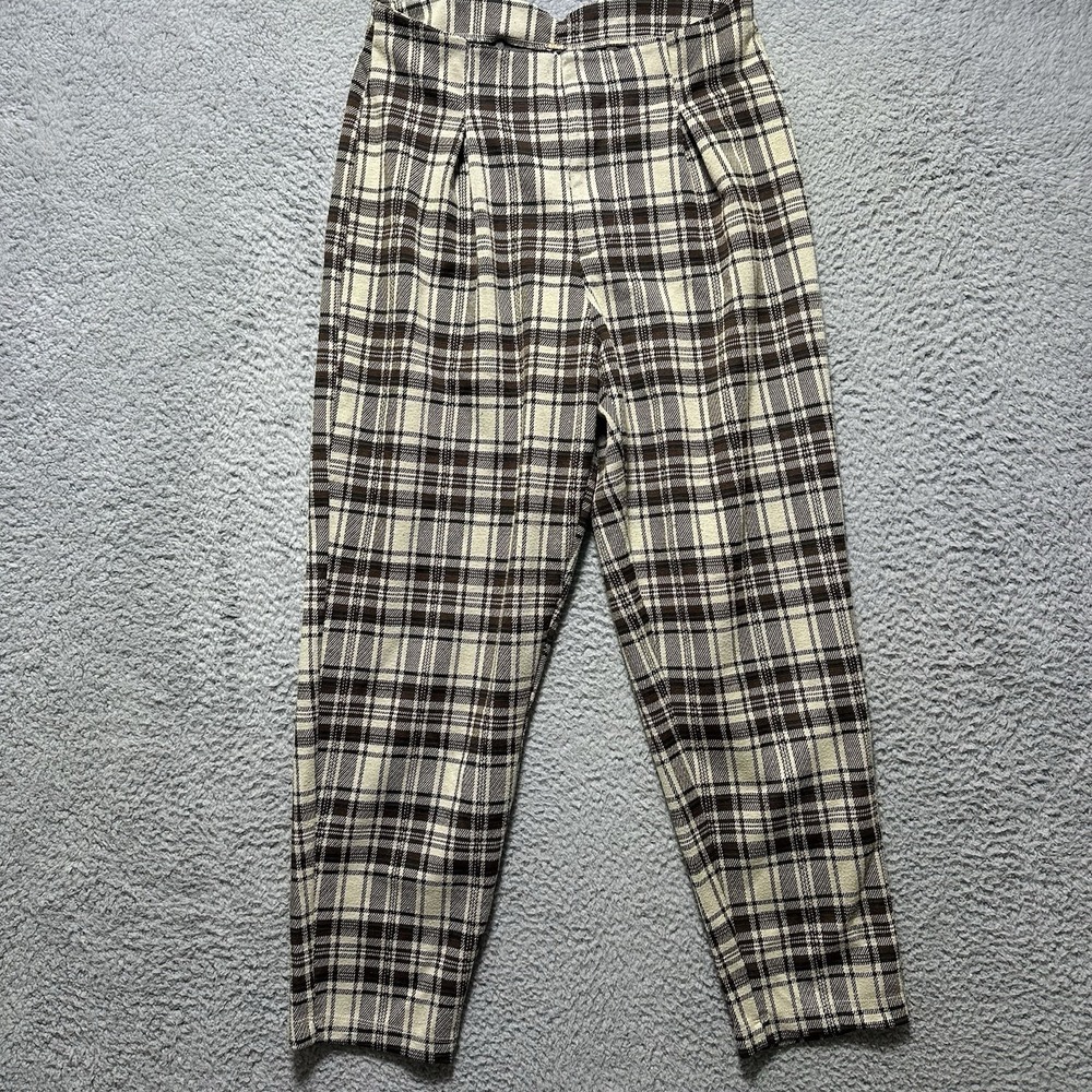 FREE PEOPLE Brown White Plaid Wide Leg Pants Size XS Barrel Boho Preppy Cottage